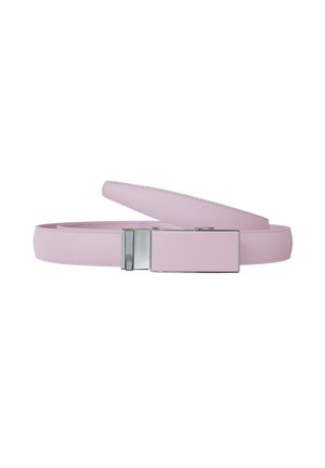 Light pink leather belt with rectangular silver buckle, coiled flat on a white background.