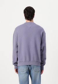 Purple sweatshirt with a crew neck and ribbed cuffs, featuring a relaxed fit and soft texture. Worn over light-wash jeans.