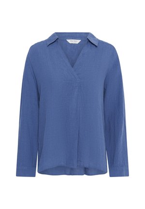 Blouse bleue à manches longues avec encolure en V, petit col et coupe décontractée, présentée sur un fond blanc.