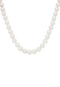 Collar de perlas blancas con perlas redondas de tamaño uniforme unidas, con una textura suave y un brillo sutil, sobre un fondo sencillo.