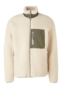 Sherpa fleecejakke i flødefarvet med olivengrøn brystlomme og høj krave, med frontlynlås.