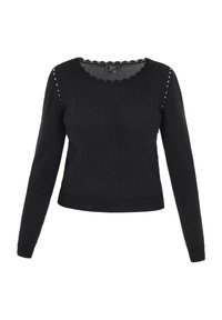 Pulover negru cu mâneci lungi, dintr-un material texturat cu dungi, guler ondulat și ornamentat cu mici ținte pe umeri. Design ajustat distinct.