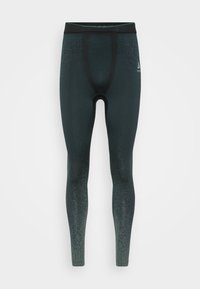 Sorte og mørkegrønne sportsleggings med et teksturert design, som har høy midje og forsterket søm langs kantene.