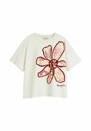 White short-sleeve T-shirt with a large pink and burgundy abstract flower print on the front and the "Desigual" logo at the bottom right.