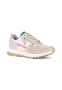Beżowe sportowe sneakersy z górą z siateczki i zamszu, akcentowane różowymi i turkusowymi detalami, z teksturowanym językiem i gumową podeszwą.