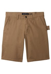 Shorts caqui de algodón, con un diseño de frente plano, bolsillos laterales, cierre de botón y una etiqueta discreta en la cinturilla.