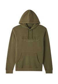 Felpa con cappuccio verde oliva in tessuto misto cotone, che presenta una tasca frontale, polsini a coste e testo impresso "BREAKER" e "SELF BELIEVER."