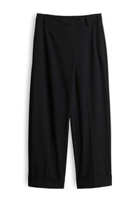 Black wide-leg cropped trousers with button closure and cuffed hems, designed for a relaxed and comfortable fit.