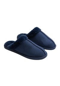 Zapatillas de casa en color navy con parte superior y forro suaves y esponjosos, presentan un diseño de tipo slip-on, punta redondeada y suela plana y texturizada para un mejor agarre.