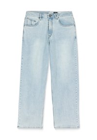 Lyseblå denimjeans med rette ben, frontknapp og glidelås, beltehemper og femlommers design.