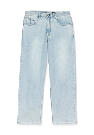 Light blue straight-leg denim jeans with front button and zipper, belt loops, and five-pocket design.