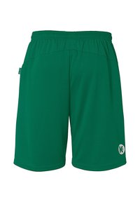 Groene sportshorts met een elastische tailleband, lichtgewicht stof, gladde textuur en een logo op het rechteronderbeen.