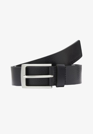 Juodas odinis diržas su lygiu paviršiumi ir stačiakampiu sidabro metalo sagtimi. Yra centrinė kilpa reguliavimui.