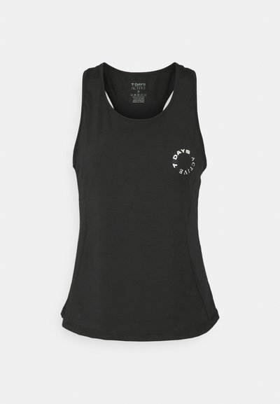 Black athletic tank top with a textured mesh design, featuring a round white logo on the left side, and wide armholes for ventilation.
