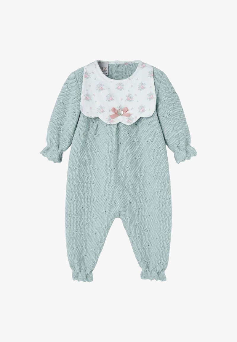 Combinaison en tricot pour bébé de couleur bleu clair avec un col floral blanc, mettant en avant un accent de nœud rose et un col rond. Manches longues avec poignets élastiques.