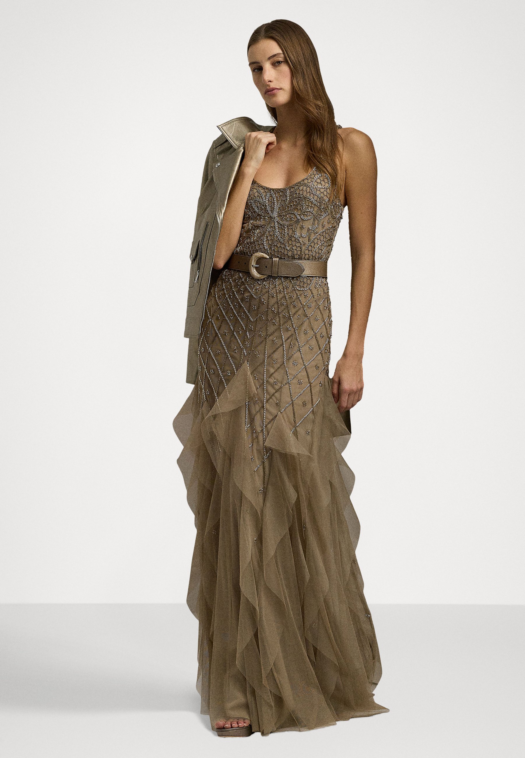 Lauren Ralph Lauren RUFFLE-TRIM BEADED MESH GOWN - Maxi dress -  pewter/gold-coloured - Zalando