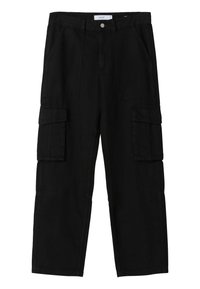 Svarta cargobyxor med rak passform, med två framfickor och två sidofickor för last. Tillverkade av ett slitstarkt tyg.