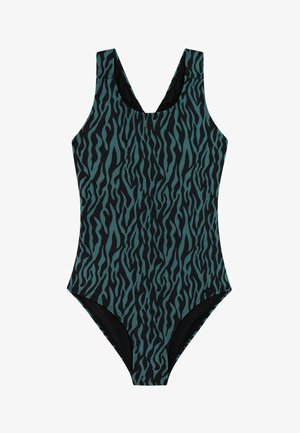 Badedragt i ét stykke med abstrakt bølgemønster i blågrøn og sort samt brede skulderstropper.