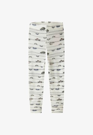 Leggings blancos para niños con líneas horizontales y pequeños coches, camiones y motocicletas impresos en colores apagados.