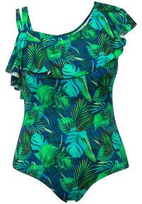 Eén-schouder badpak in blauw met levendige groene tropische bladerenprint. Bevat een gerimpeld accent op de schouder. Gemaakt van rekbare stof.