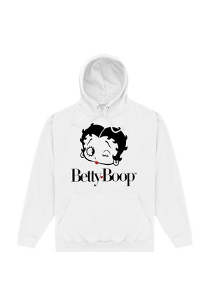Biały hoodie z grafiką twarzy Betty Boop w czerni z czerwonymi akcentami, design na pulower oraz kieszeń typu kangur na przodzie.