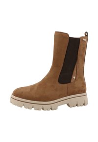 Bruine suede enkellaars met elastische zijpanelen, rubberen zool en een versterkte hiel. Heeft een contrasterende lichte zool met een gestructureerde grip.