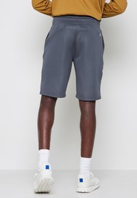 Pantaloni corti sportivi grigi con una texture liscia, vita elastica, tasche laterali e un design semplice. Indossati con scarpe da ginnastica bianche e calzini alla caviglia.