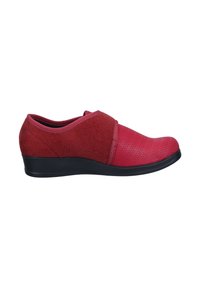 Red slip-on shoe featuring a textured pattern, combining smooth mesh and soft suede materials with a low wedge black sole.