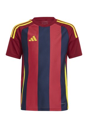 Kurzärmeliges Sportshirt mit vertikalen roten und marineblauen Streifen, gelbem Adidas-Logo auf der Brust und gelben Streifen auf bordeauxfarbenen Schultern.