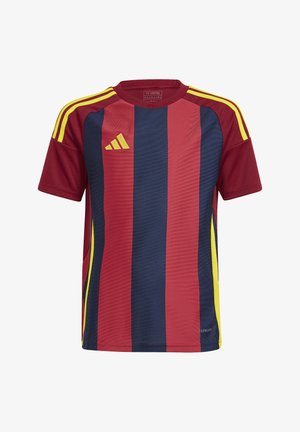 Maillot de sport à manches courtes avec des rayures verticales rouges et bleu marine, logo Adidas jaune sur la poitrine et rayures jaunes sur les épaules lie de vin.