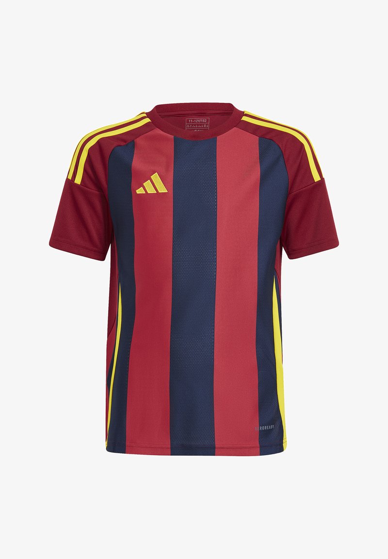 Maillot de sport à manches courtes avec des rayures verticales rouges et bleu marine, logo Adidas jaune sur la poitrine et rayures jaunes sur les épaules lie de vin.