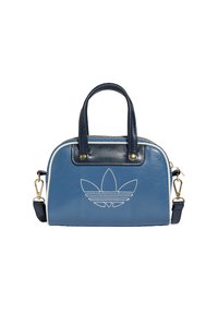 Blue and navy small handbag with double handles, detachable shoulder strap, gold hardware, and white stitched trefoil logo on front panel.