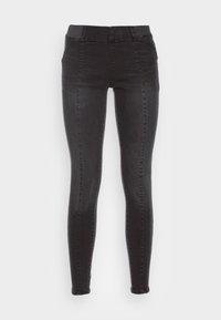 Jeans skinny de mezclilla negra con una cintura alta, que presentan bolsillos delanteros y una textura suave. El diseño es elegante y ajustado.