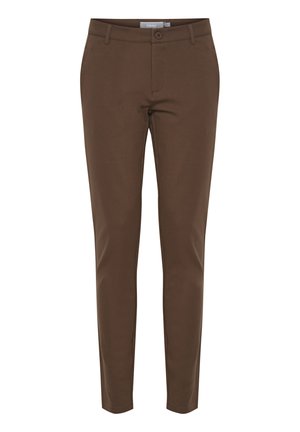 Brown tailored trousers made of smooth fabric, featuring a classic fit, belt loops, and a button closure at the waist.