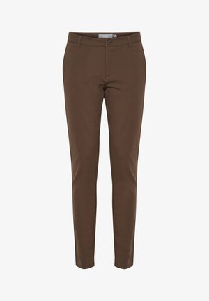 Braune maßgeschneiderte Hose aus glattem Stoff, mit klassischem Schnitt, Gürtelschlaufen und einem Knopfverschluss an der Taille.