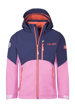 Barnas zip-up jakke med hette, marineblå overdel og rosa underdel, oransje glidelåser, norsk flagg på ermet, og Trollkids-logo på brystet.
