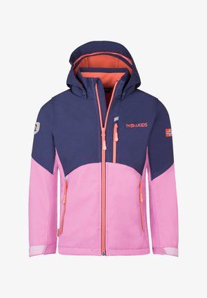 Chaqueta con cremallera y capucha para niños, parte superior en navy y parte inferior en rosa, cremalleras naranjas, bandera noruega en la manga y logo de Trollkids en el pecho.