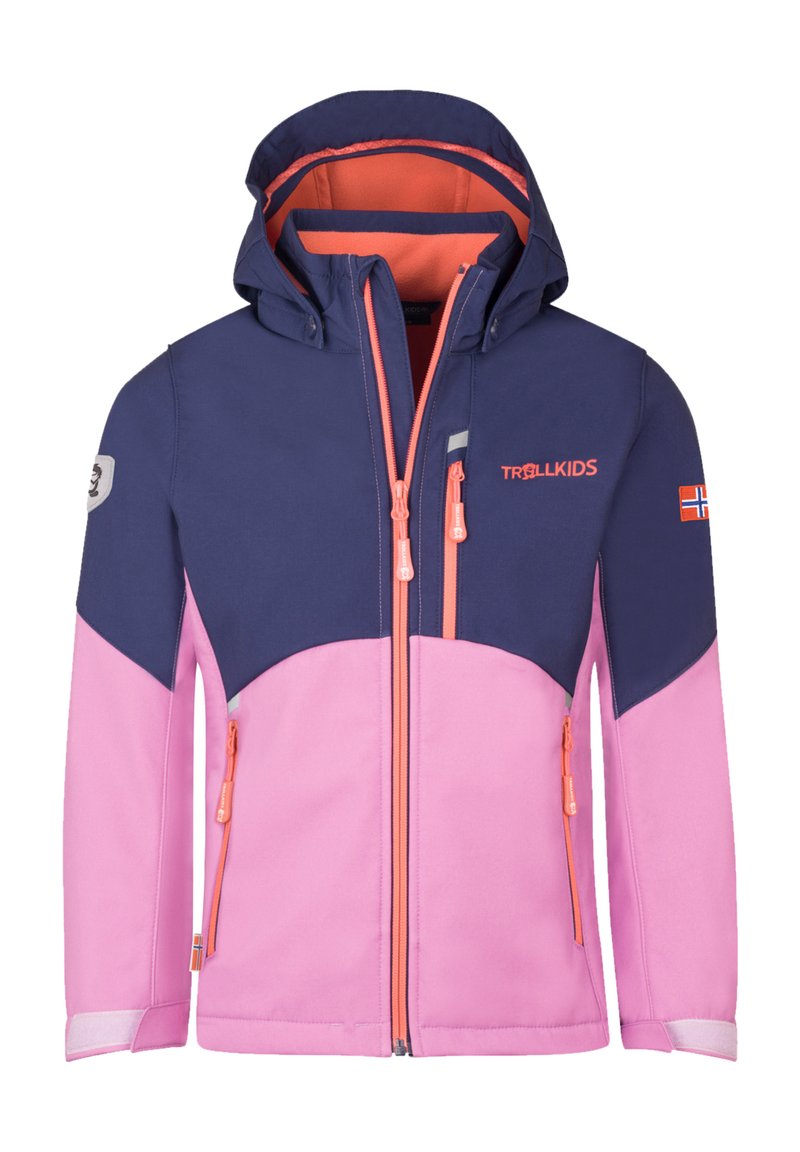 Children's zip-up jacket with hood, navy upper and pink lower sections, orange zippers, Norwegian flag on sleeve, and Trollkids logo on chest.