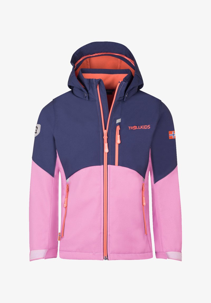 Kinderzipperjacke mit Kapuze, navyblauem oberen und pinkem unteren Abschnitt, orangefarbigen Reißverschlüssen, norwegischer Flagge am Ärmel und Trollkids-Logo auf der Brust.