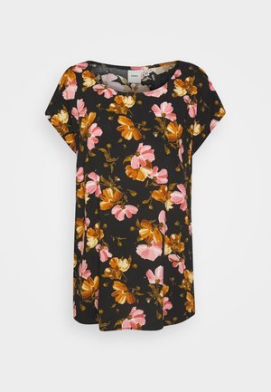 Blouse noire à manches courtes avec un motif floral rose et orange et un col rond.