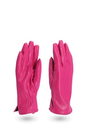 Guanti in pelle rosa con una texture liscia, dita allungate e polsini arricciati. Presentano un delicato dettaglio floreale su un guanto.