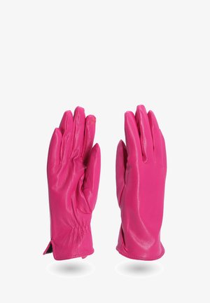 Guanti in pelle rosa con una texture liscia, dita allungate e polsini arricciati. Presentano un delicato dettaglio floreale su un guanto.