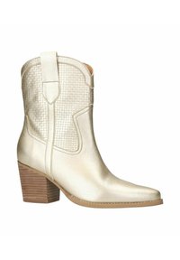 Metallic gold ankle boot with a textured finish, pointed toe, and a stacked wooden heel. Features side accents and pull tabs.