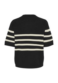 Sort kortærmet sweater med hvide vandrette striber over torsoen. Blød tekstur, klassisk rund halsudskæring og en afslappet pasform.