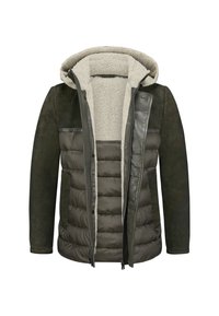Grüne gepolsterte Jacke mit Leder- und Wildlederakzenten, Fleece-Futter, frontalem Reißverschluss und Kapuze. Sie zeichnet sich durch eine Mischung aus verschiedenen Texturen und Materialien aus.