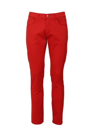 Rode slim-fit broek gemaakt van soepele katoenstof, met een sluiting aan de voorkant met knoop, twee zijzakken en een minimalistisch ontwerp.