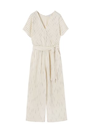 Cream-colored wrap jumpsuit with narrow black stripes, short sleeves, a belted waist, and wide-leg pants. Soft, lightweight fabric.
