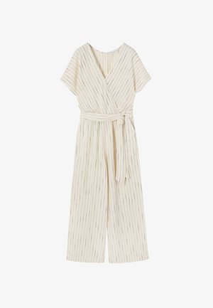 Kermakuvioinen jumpsuit, jossa on kapeita mustia raitoja, lyhyet hihat, vyötäröllä vyö ja leveät lahkeet. Pehmeä, kevyt kangas.