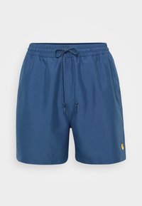 Blaue Badehosen aus leichtem Stoff, mit einem elastischen Bund, verstellbarem Kordelzug und einem kleinen Markenlogo an der Seite.
