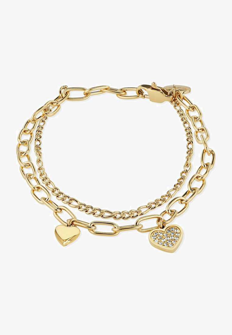 Bracciale tono oro caratterizzato da due catene collegate, una con un charm a cuore liscio e l'altra con un cuore decorato con cristalli trasparenti.